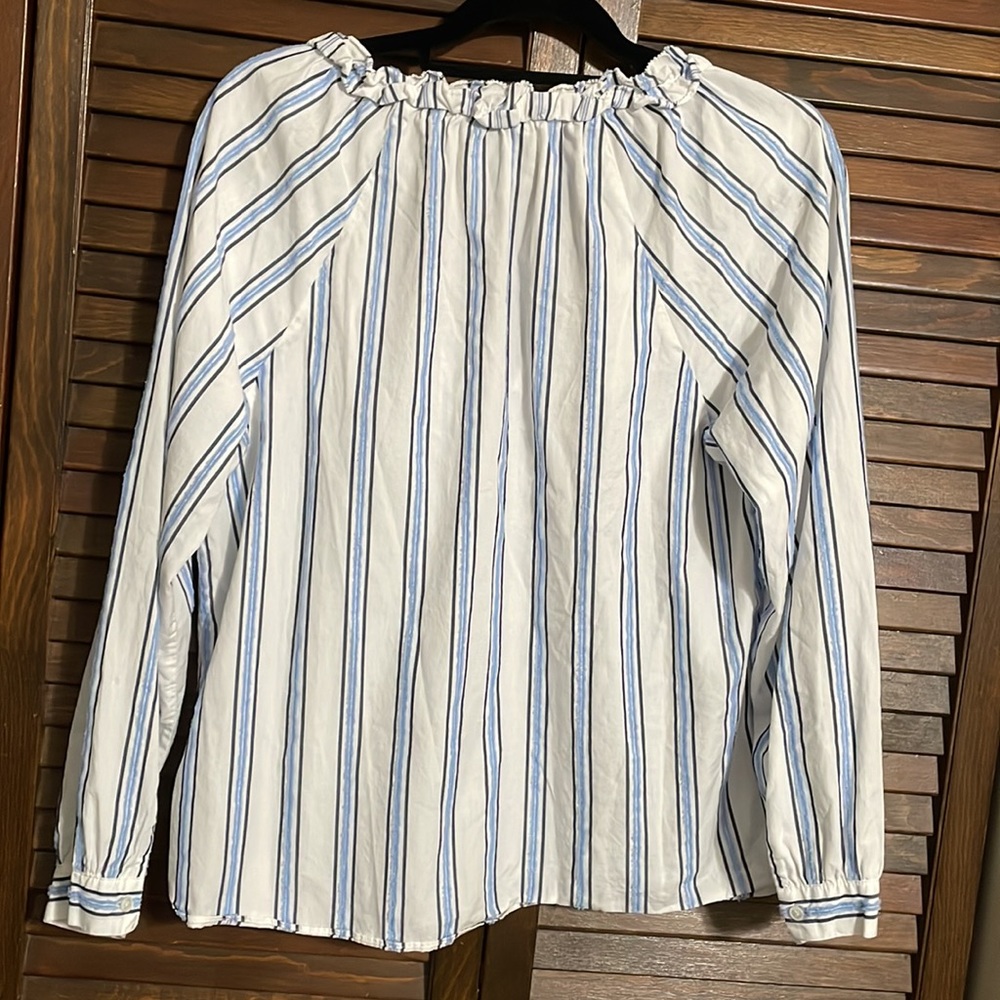 J. Crew blue striped cotton peasant blouse M medium navy white splint neck - Picture 5 of 5